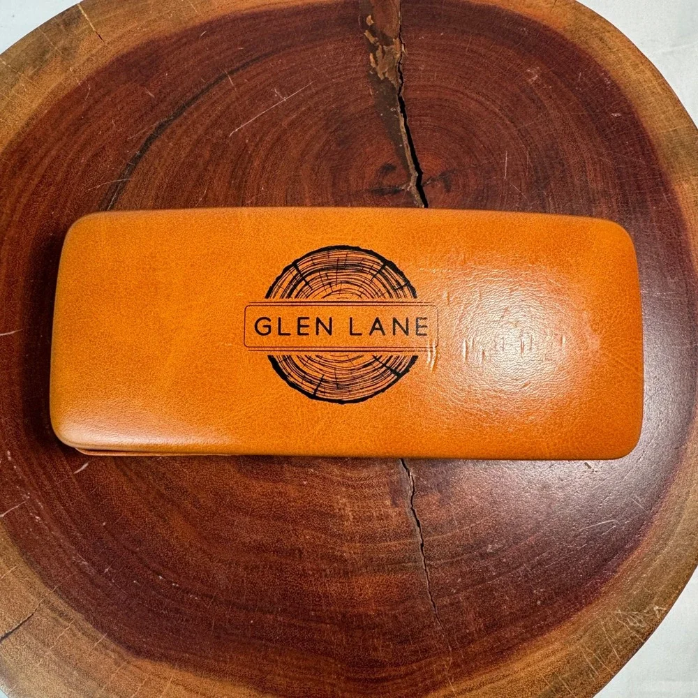 Glen Lane Tan Faux Leather Hard Shell Eyeglasses Sunglasses Case Wood Grain Logo